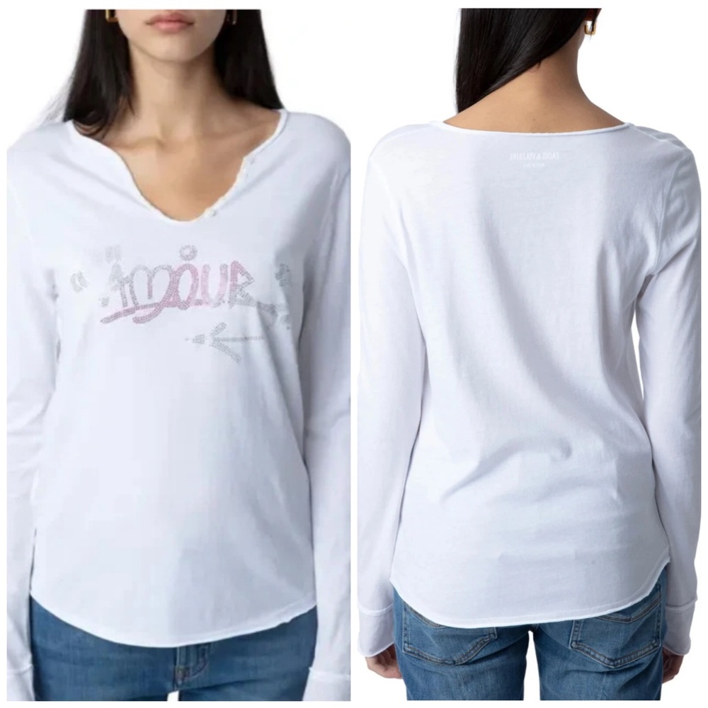 Zadig Voltaire Tunisian ML Bedazzled Amour Strass White Long Sleeve Tee Shirt L